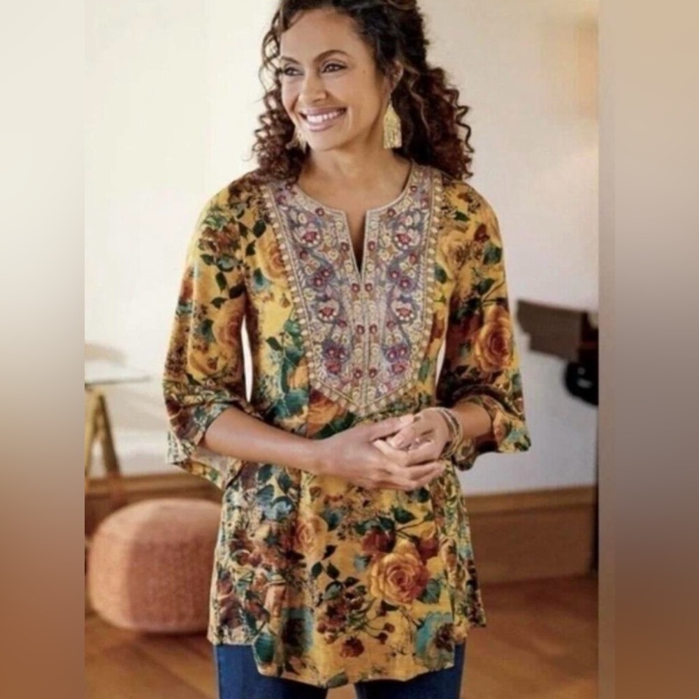 Soft Surroundings Floral Embroidered Tunic - Yellow and Green